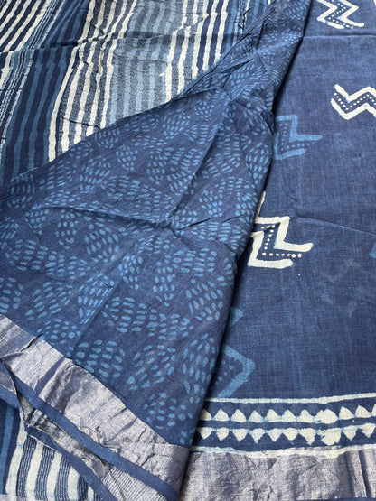 Indigo Handblock Linen Cotton Saree