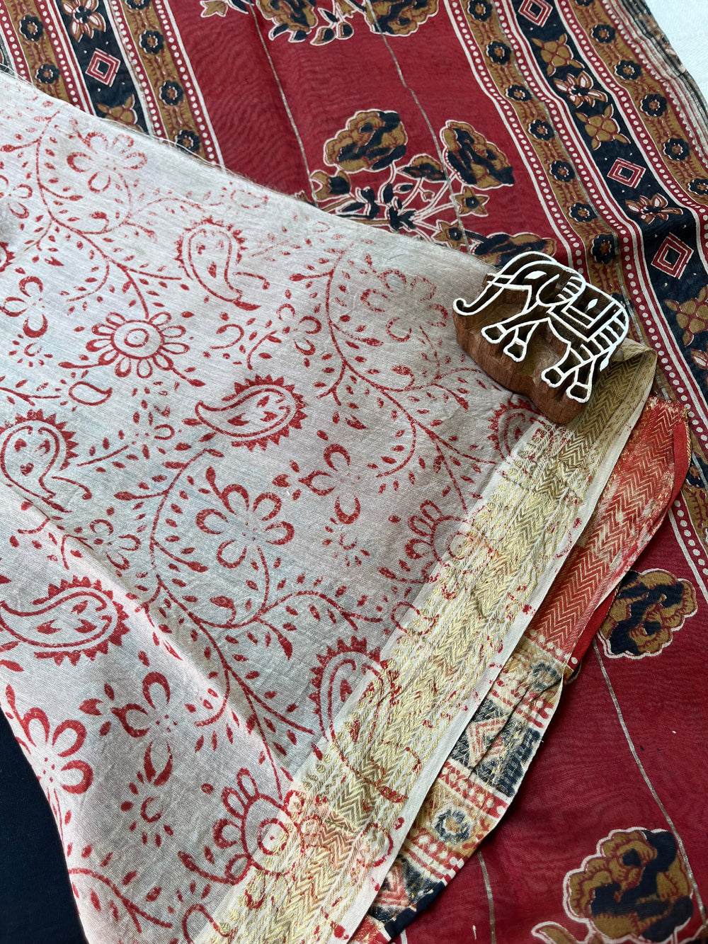 Bagru Handblock Maheshwari Cotton Silk Saree - Black Red