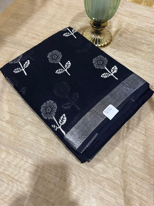 Handblock Linen Cotton Saree - Black