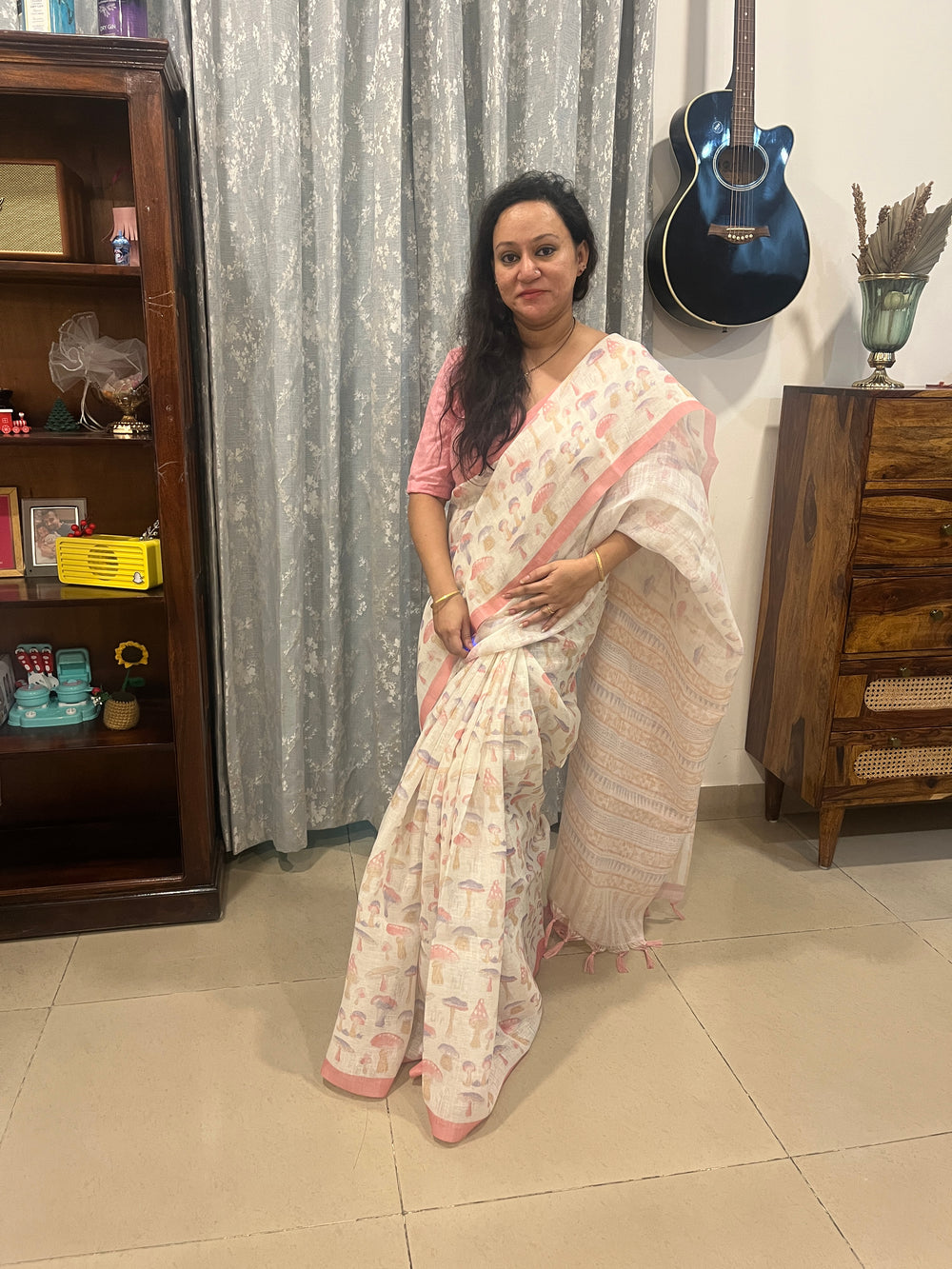 Quirky Linen Cotton Saree - Pink Mushrooms