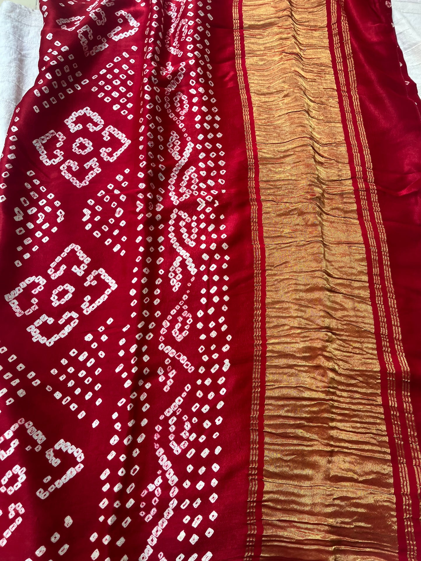 Bandhani Modal Silk saree with Tissue Palla - Red with White Dot Bandhej