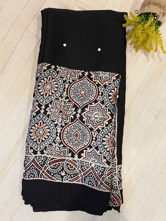 Ajrakh Modal Silk Saree with Mirror Work - Black Half & Half