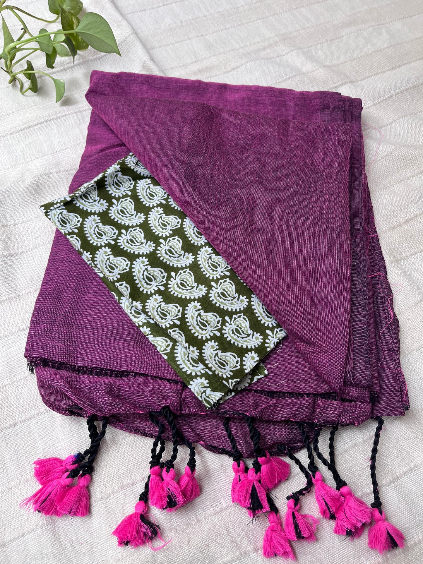 Wine Handloom Khadi Cotton Saree with Kalamkari Blouse Piece