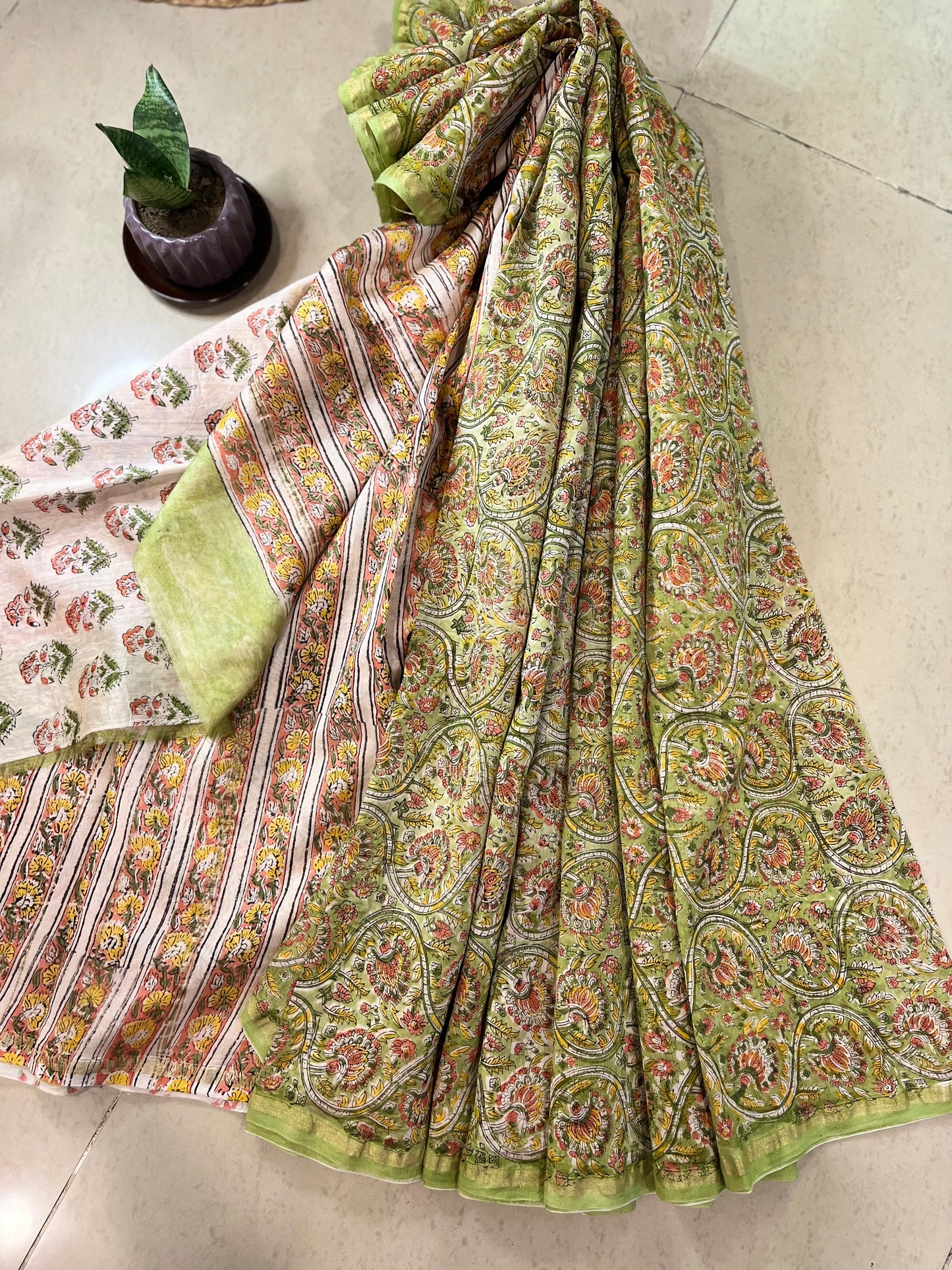 Green Sanganer Handblock Chanderi Cotton Silk Saree