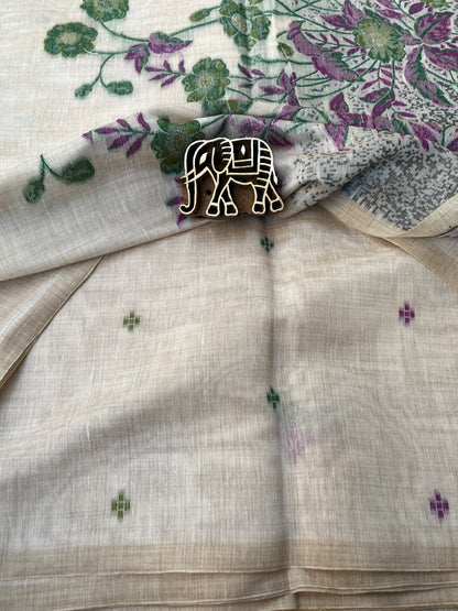Chanderi Cotton Jamdani Saree - Ivory Flower Weaving