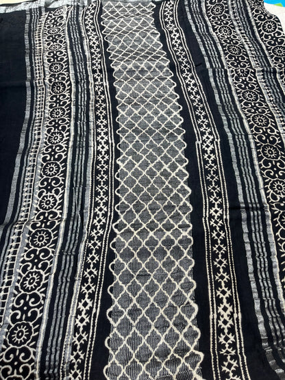 Bagru Handblock Linen Cotton Saree- Black