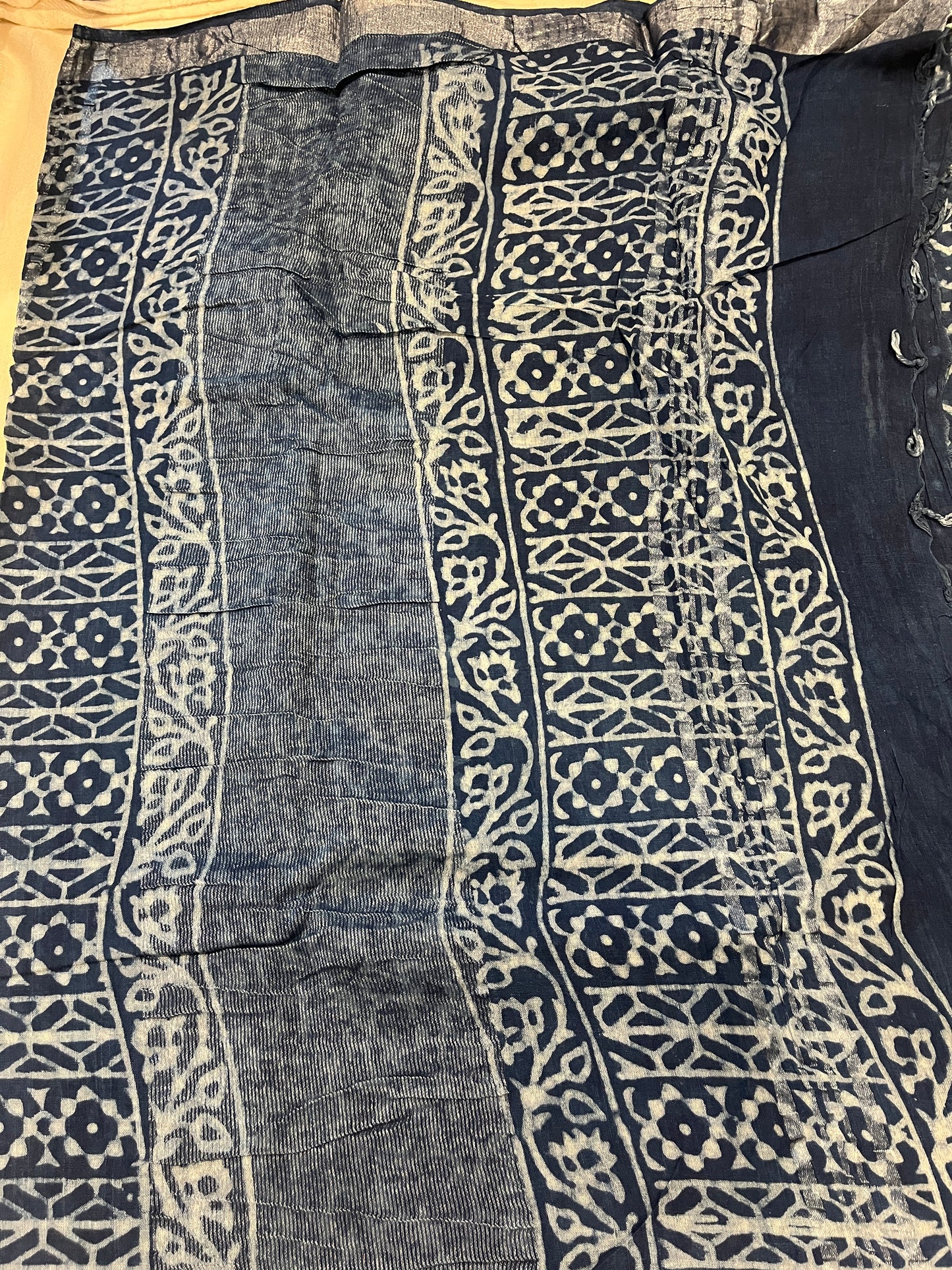 Indigo Handblock Linen Cotton Saree