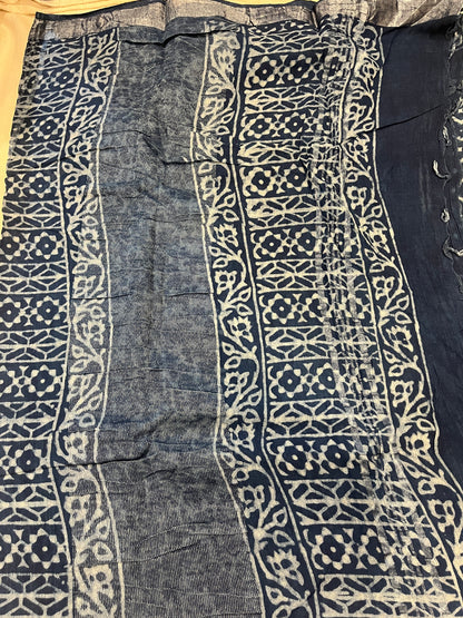 Indigo Handblock Linen Cotton Saree