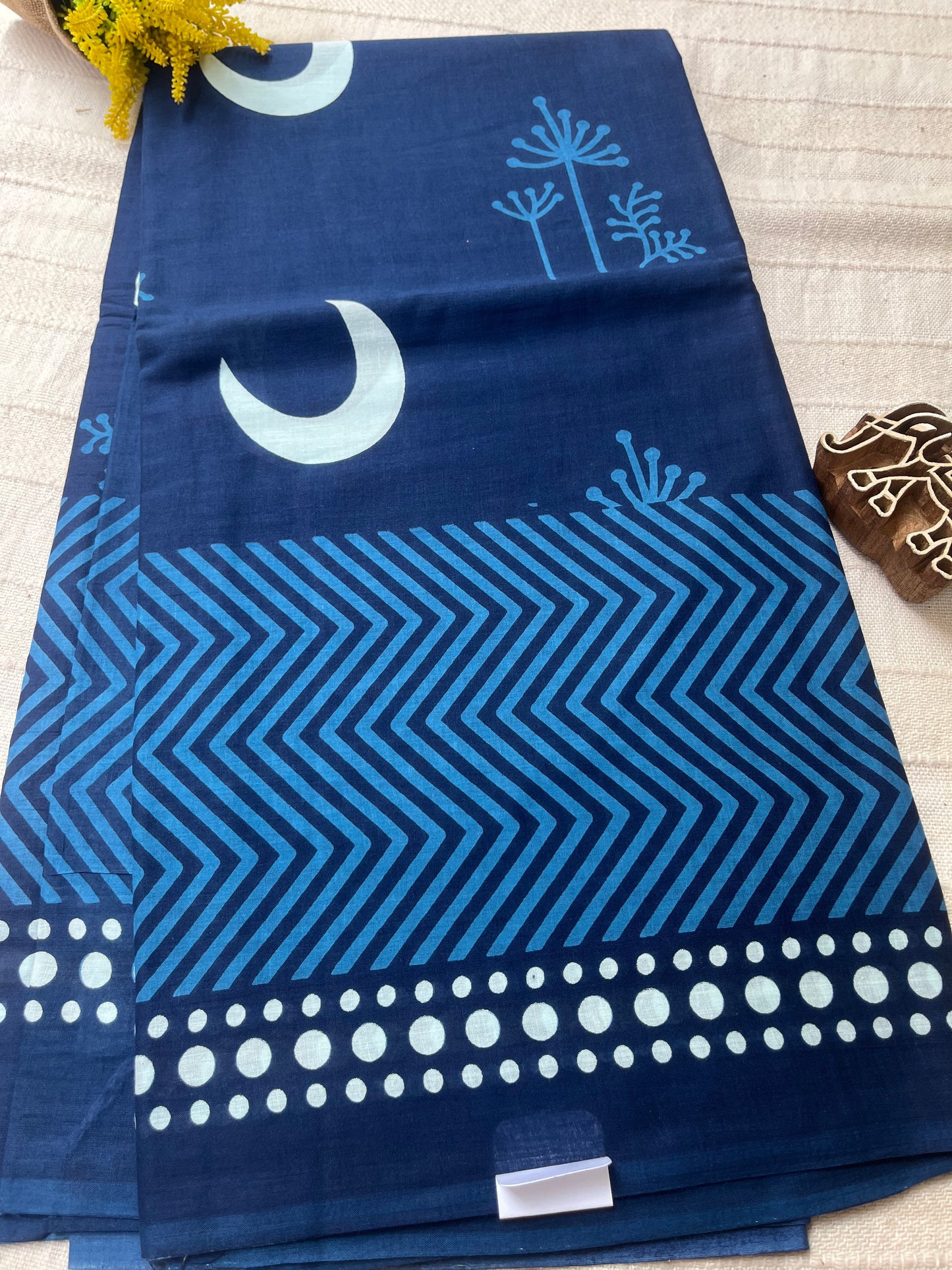 Indigo Mul Cotton Saree - Screenprint