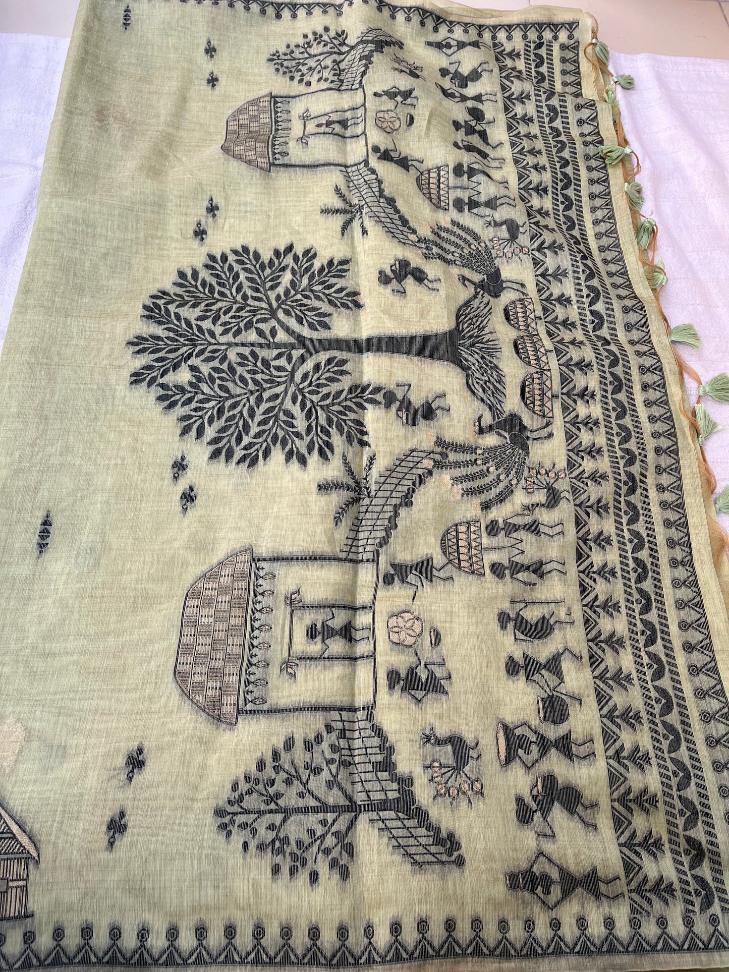Chanderi Cotton Jamdani Saree - Lime Green Tribal Art