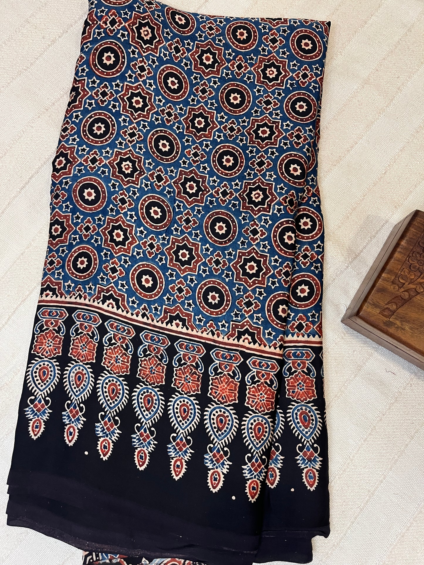 Classic Ajrakh Modal Silk Saree - Indigo-Black