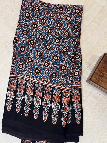 Classic Ajrakh Modal Silk Saree - Indigo-Black