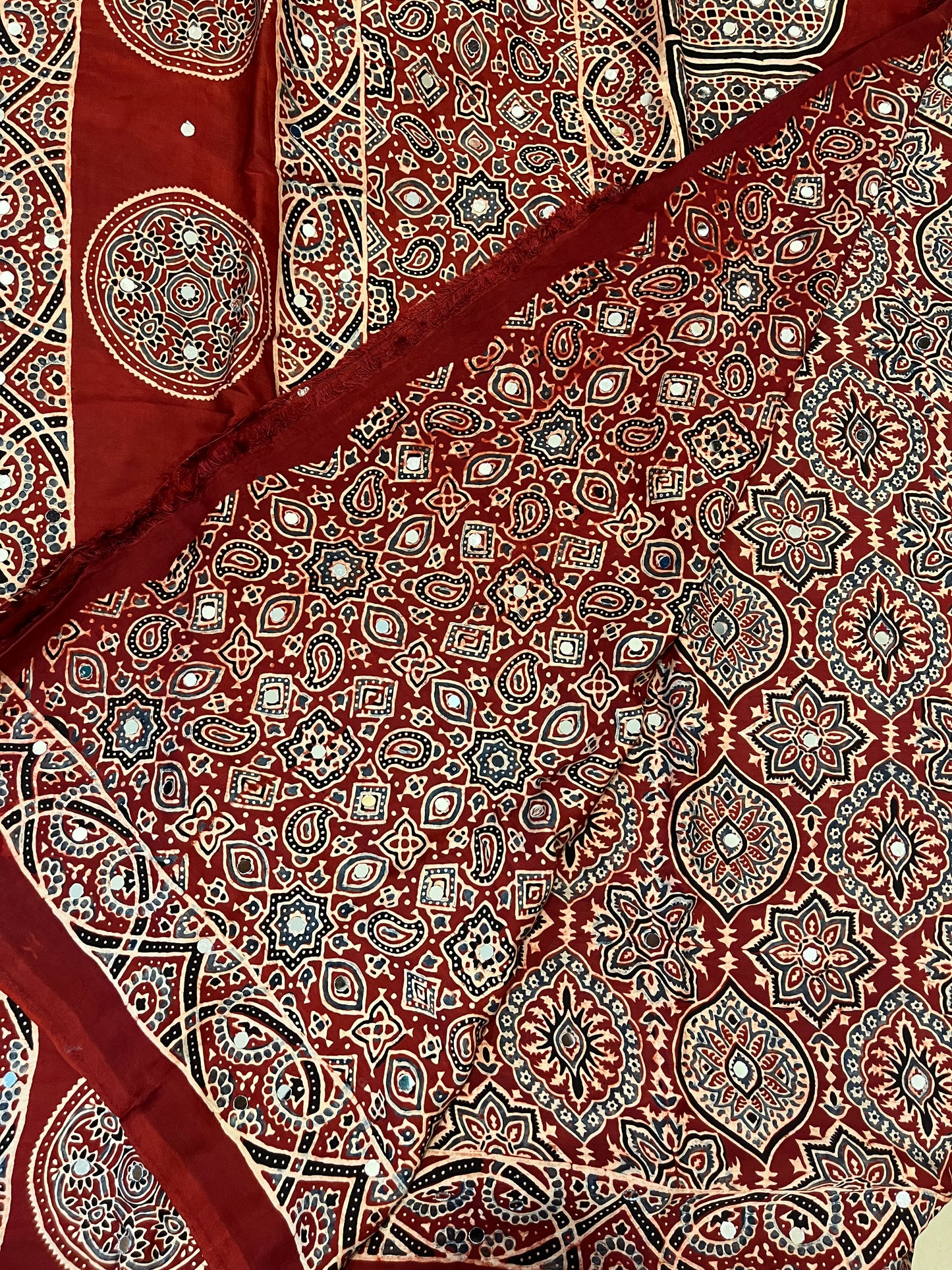 Ajrakh Modal Silk Saree with Mirror Work - Red Badam Block