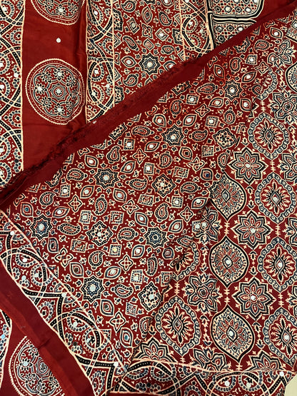 Ajrakh Modal Silk Saree with Mirror Work - Red Badam Block