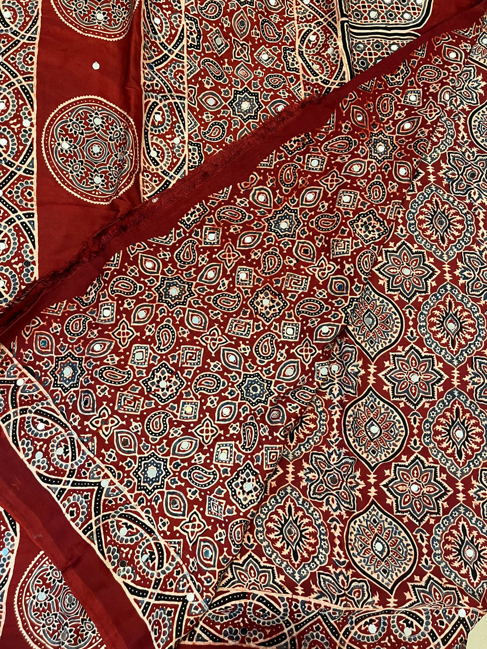 Ajrakh Modal Silk Saree with Mirror Work - Red Badam Block