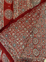 Ajrakh Modal Silk Saree with Mirror Work - Red Badam Block