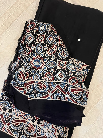 Ajrakh Modal Silk Saree with Mirror Work - Black Half & Half