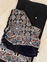 Ajrakh Modal Silk Saree with Mirror Work - Black Half & Half
