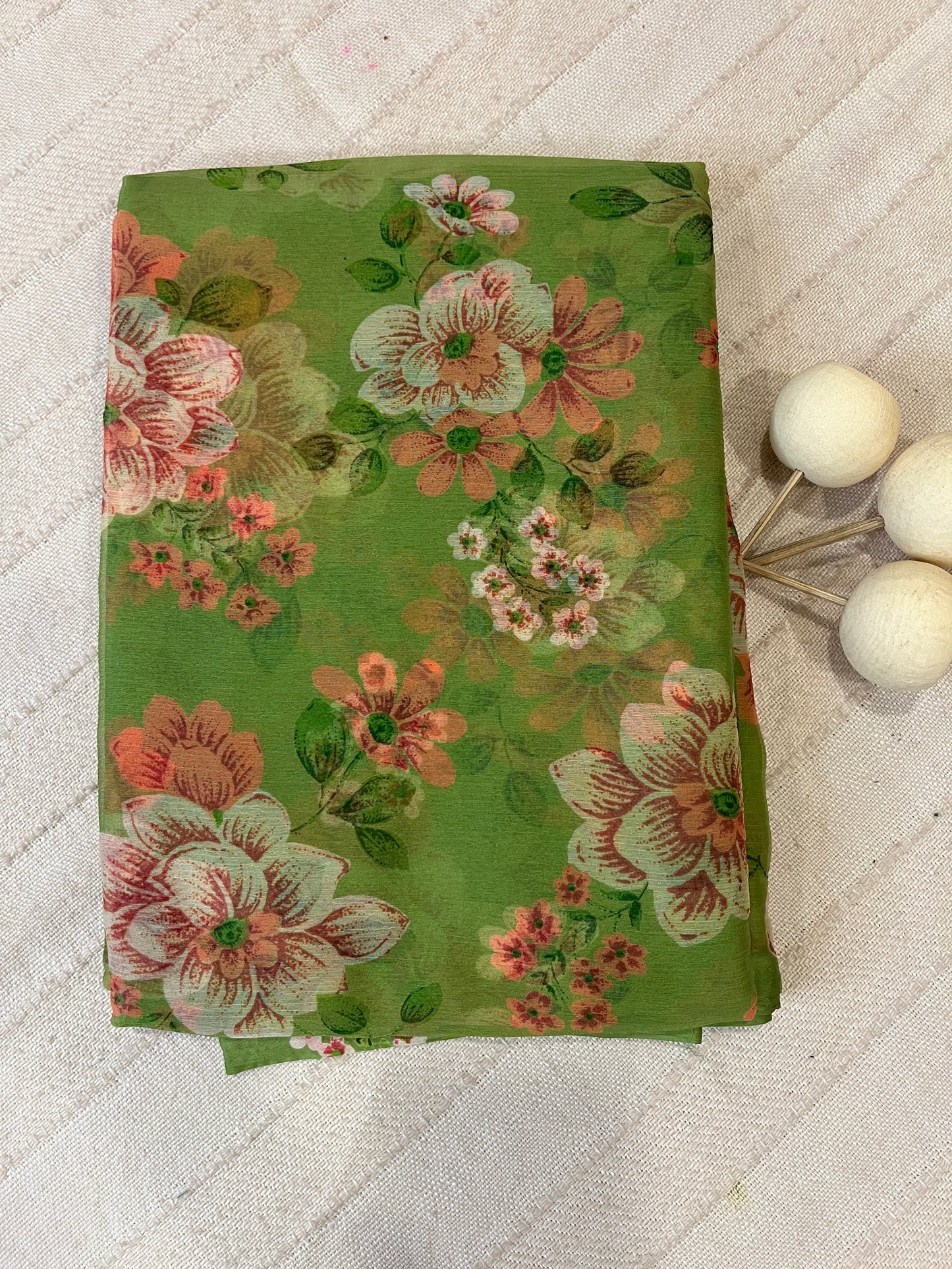 Semi Chiffon Floral Saree - Green
