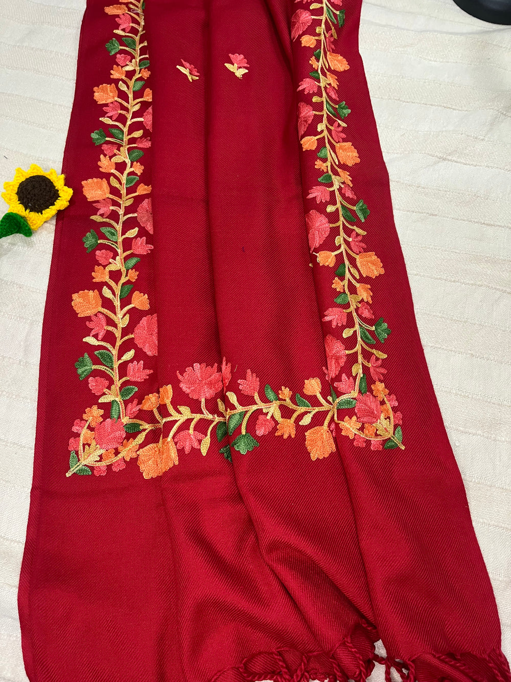 Kashmiri Aariwork Cashmilon Stole - Red