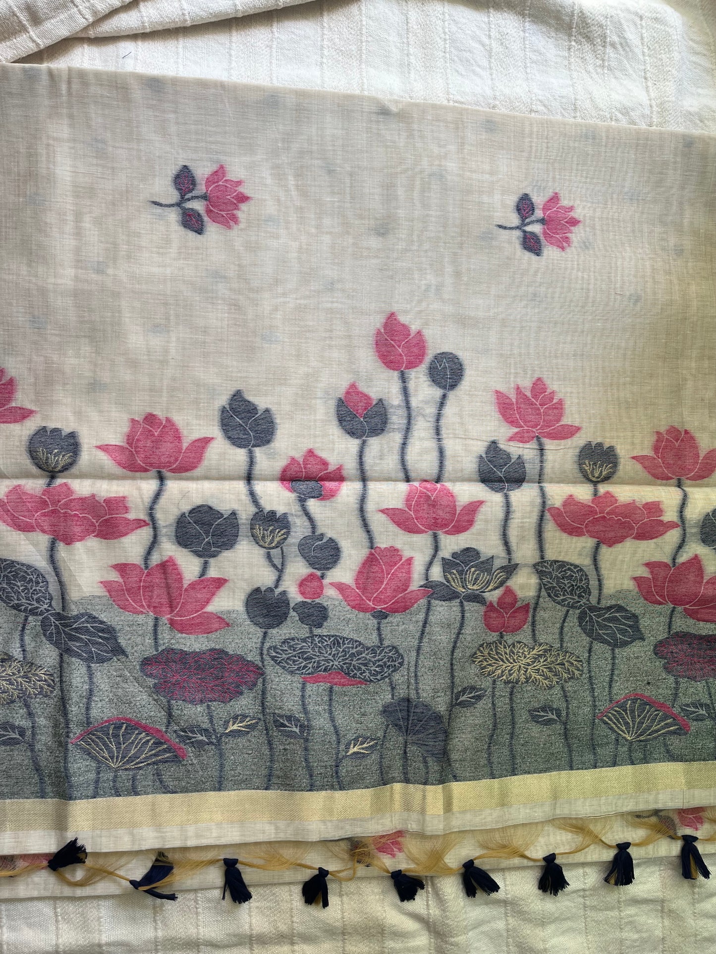 Chanderi Cotton Jamdani Saree - Pink Lotus Pond