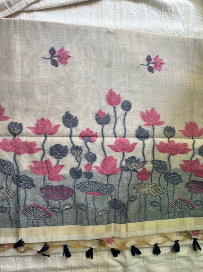 Chanderi Cotton Jamdani Saree - Pink Lotus Pond