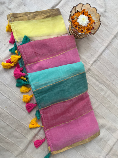 Multicolour Zari Stripes Mul Cotton Saree (No Blouse piece)