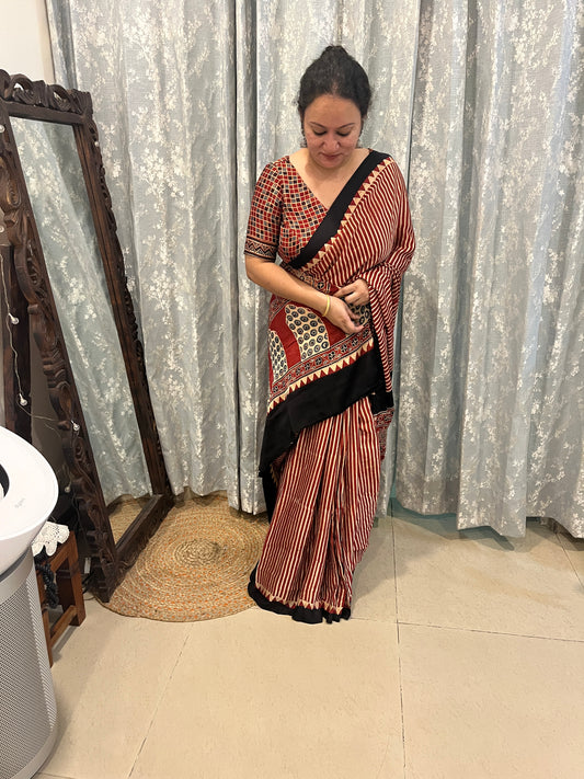Contemporary Ajrakh Modal Silk Saree -Red Stripes