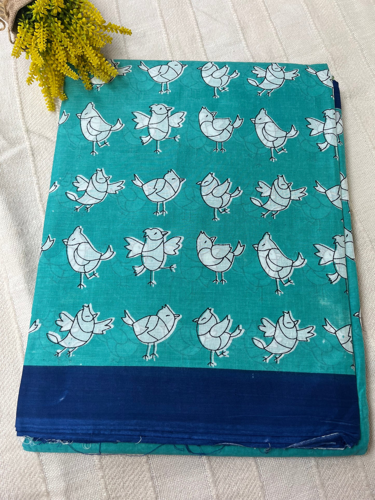 Cyan Bird Print Quirky Mul Cotton Saree