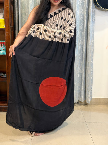 Contemporary Ajrakh Modal Silk Saree - Pearl White with Red Dot Palla