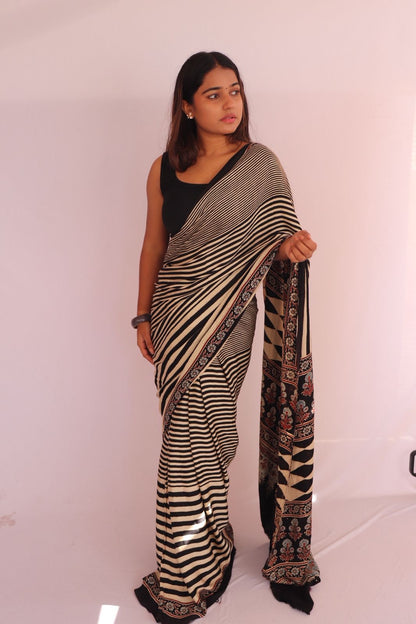Contemporary Ajrakh Modal Silk Saree - Black Stripes