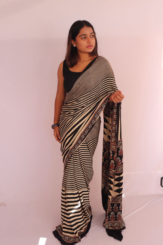 Contemporary Ajrakh Modal Silk Saree - Black Stripes