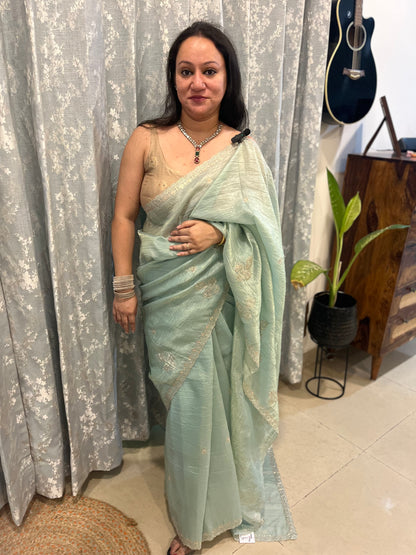 Pitta Work Crepe Tissue Saree - Sea Green