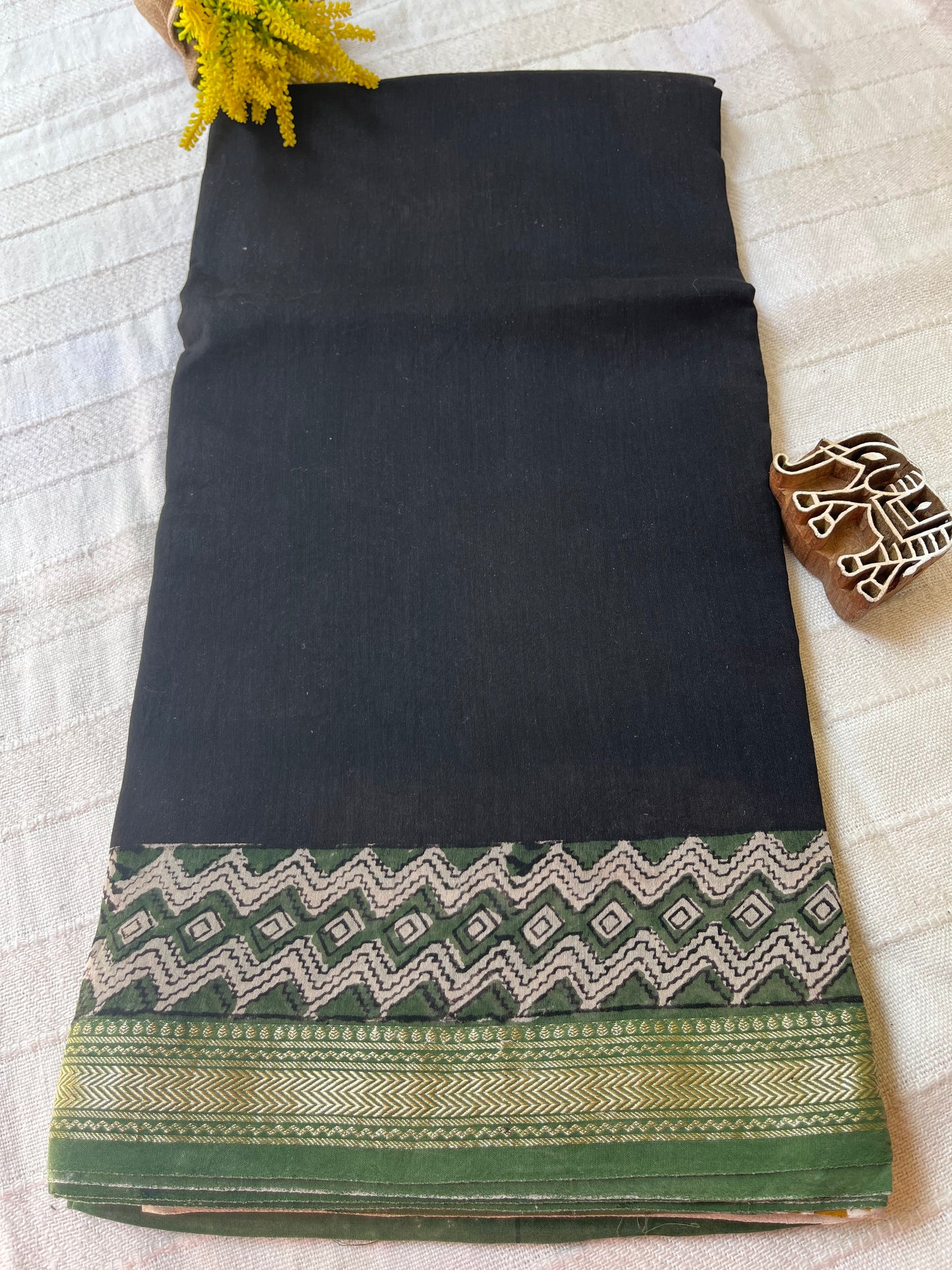 Bagru Handblock Maheshwari Cotton Silk Saree - Black Green