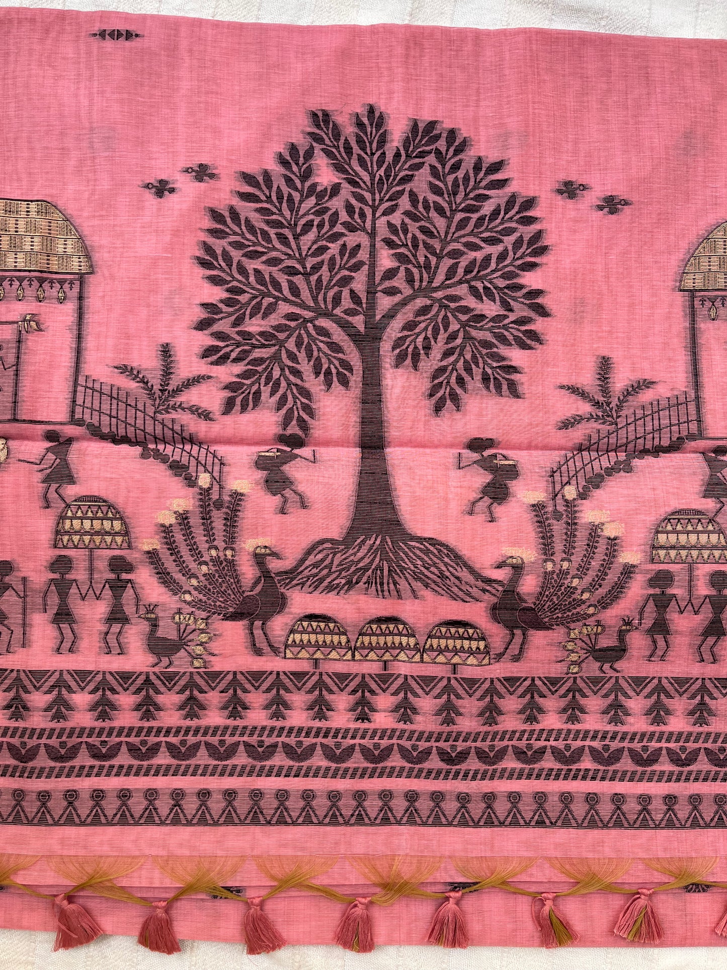 Chanderi Cotton Jamdani Saree - Pink Tribal Art