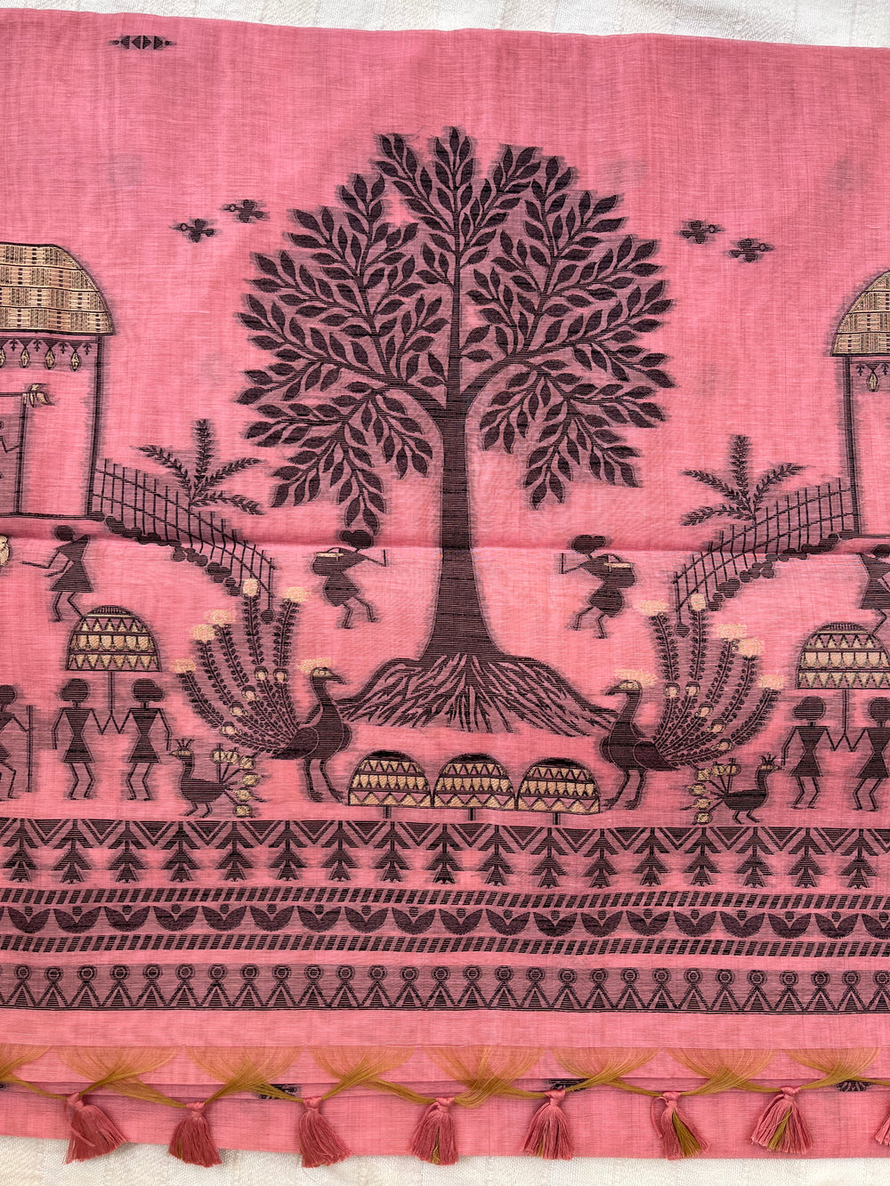 Chanderi Cotton Jamdani Saree - Pink Tribal Art