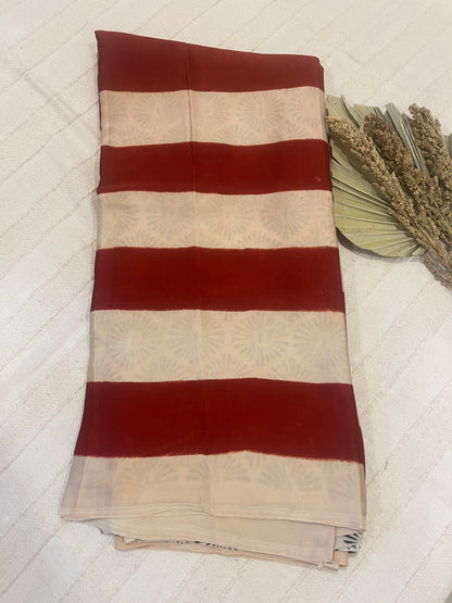Contemporary Ajrakh Modal Silk Saree - Red Stripes