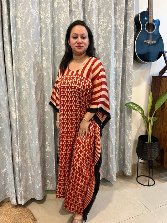 Ajrakh Modal Silk Kaftan - Red Contemporary