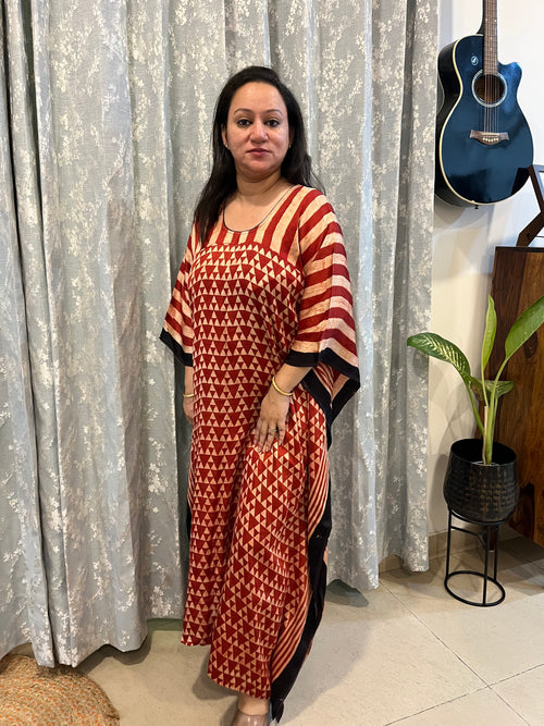 Ajrakh Modal Silk Kaftan - Red Contemporary