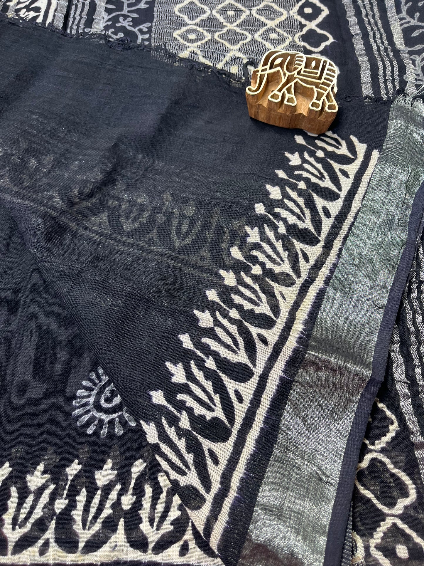 Black Handblock Linen Cotton Saree