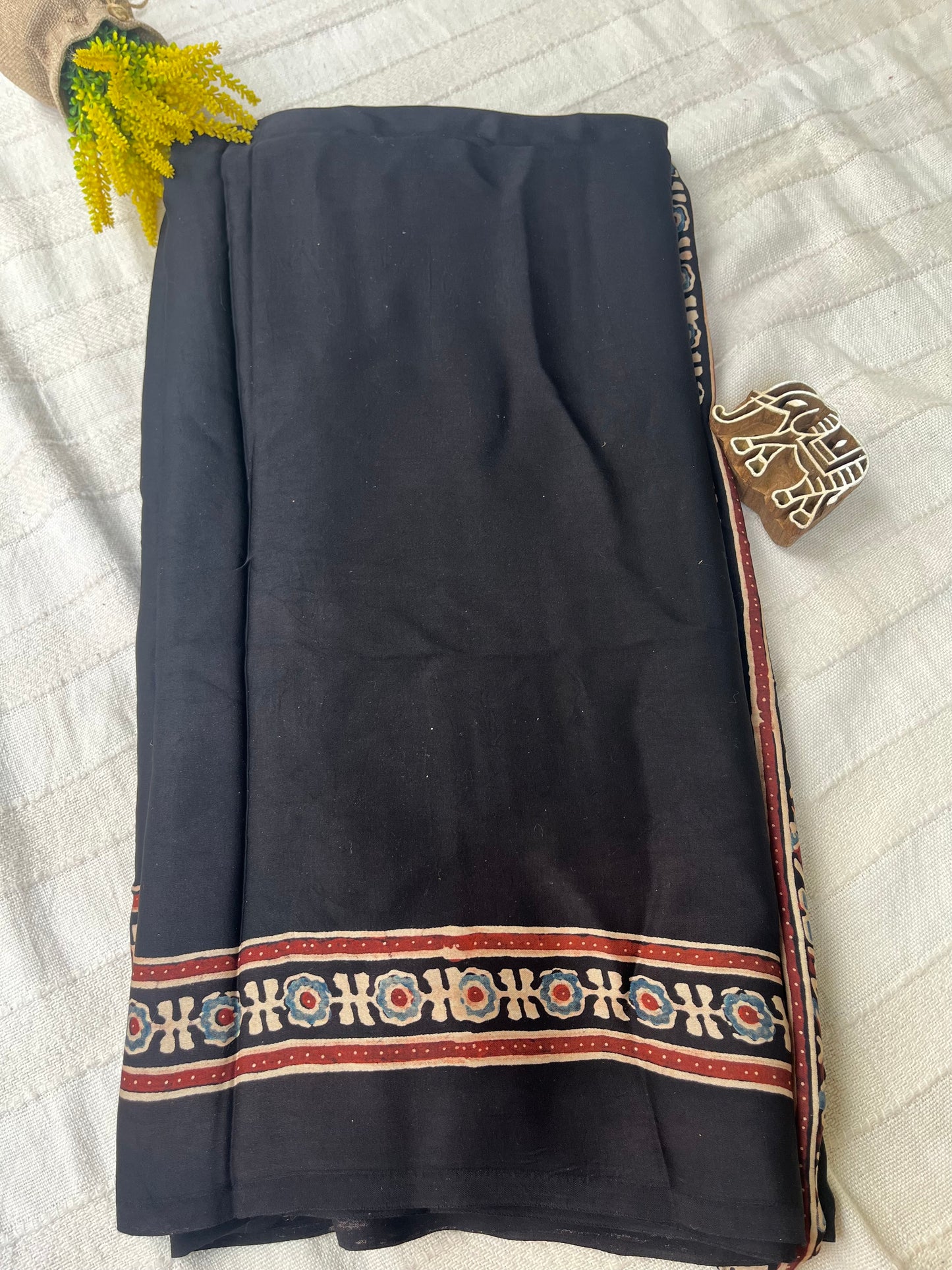 Ajrakh Modal Silk Saree - Plain Black Body, Handblock Palla