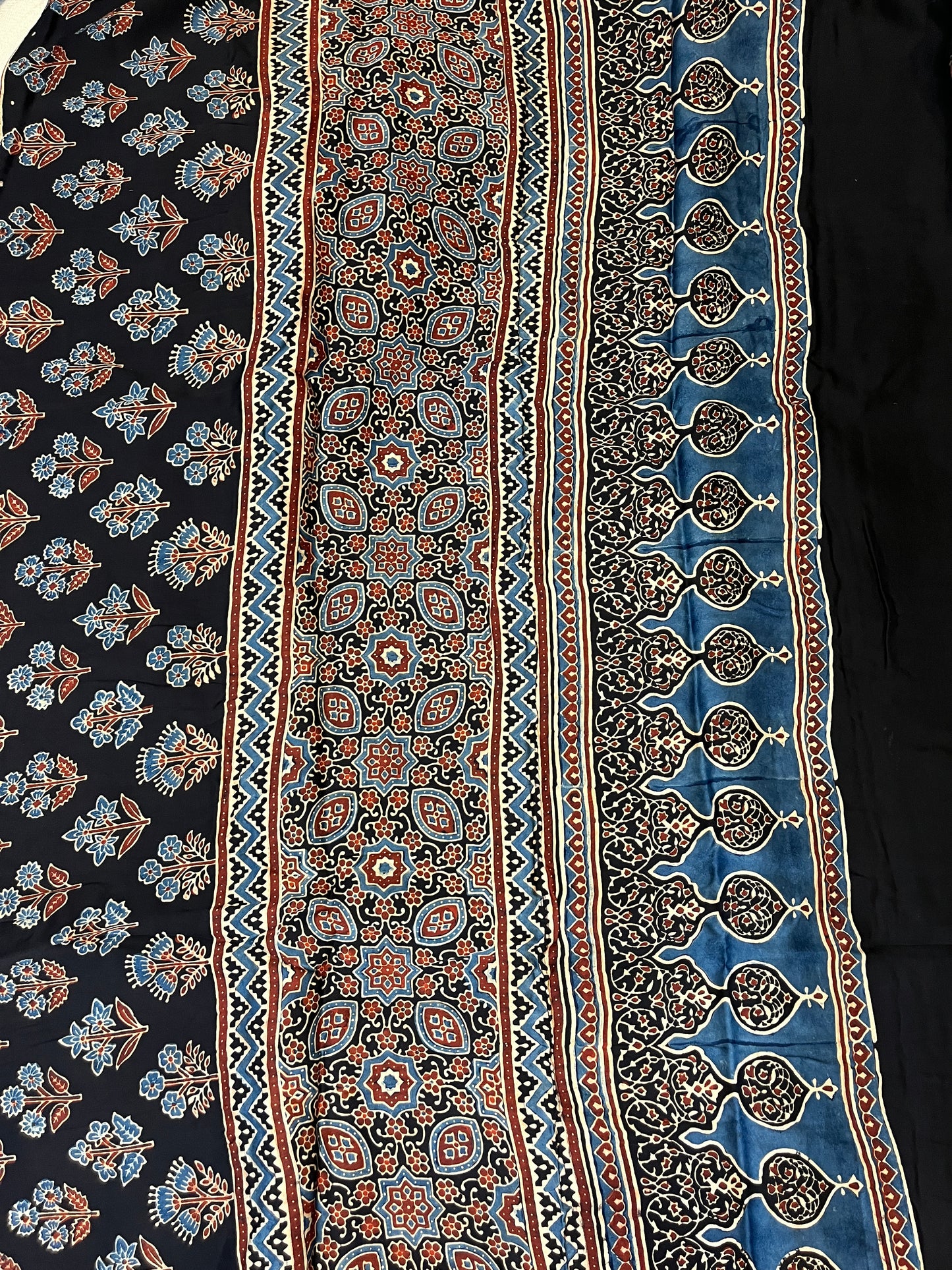 Ajrakh Modal Silk Saree - Black Lotus Motifs