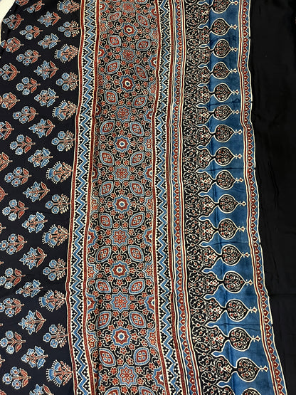 Ajrakh Modal Silk Saree - Black Lotus Motifs