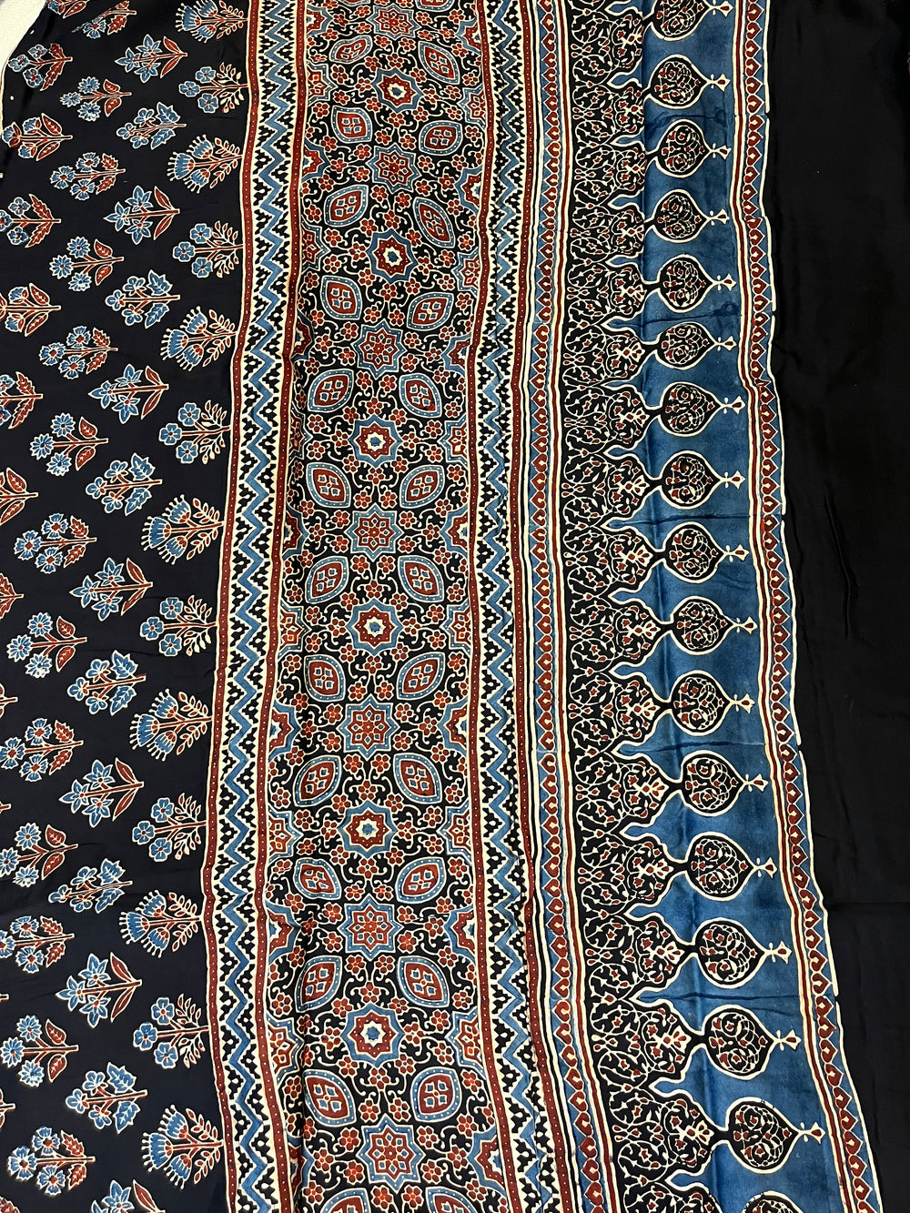 Ajrakh Modal Silk Saree - Black Lotus Motifs