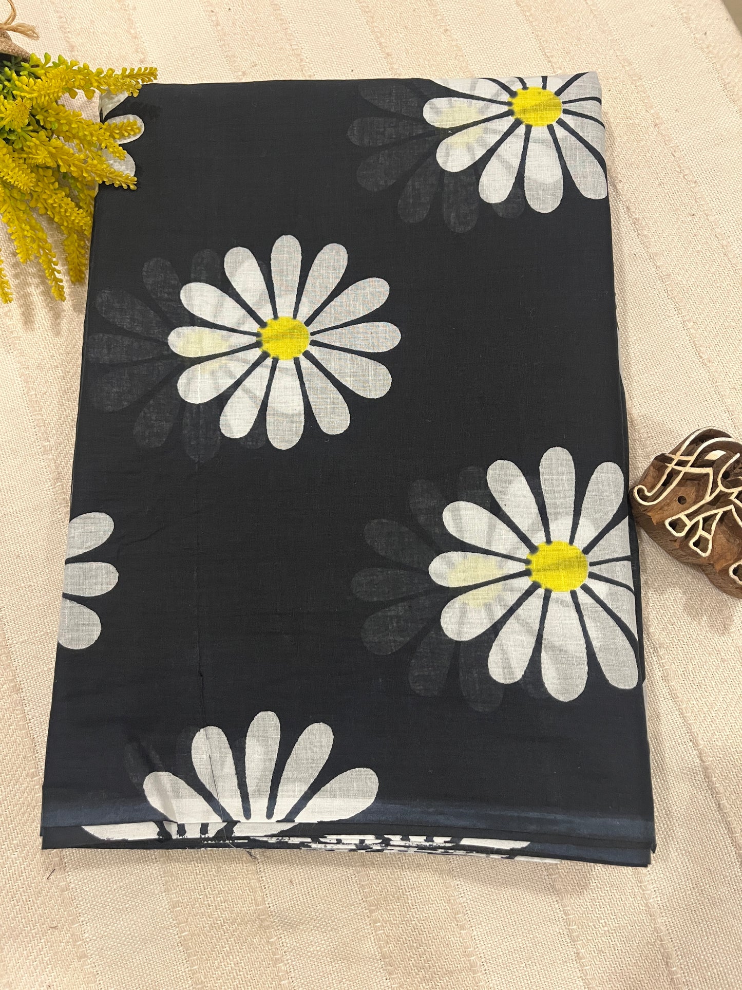 Black Flower Print Running Mul Cotton Saree