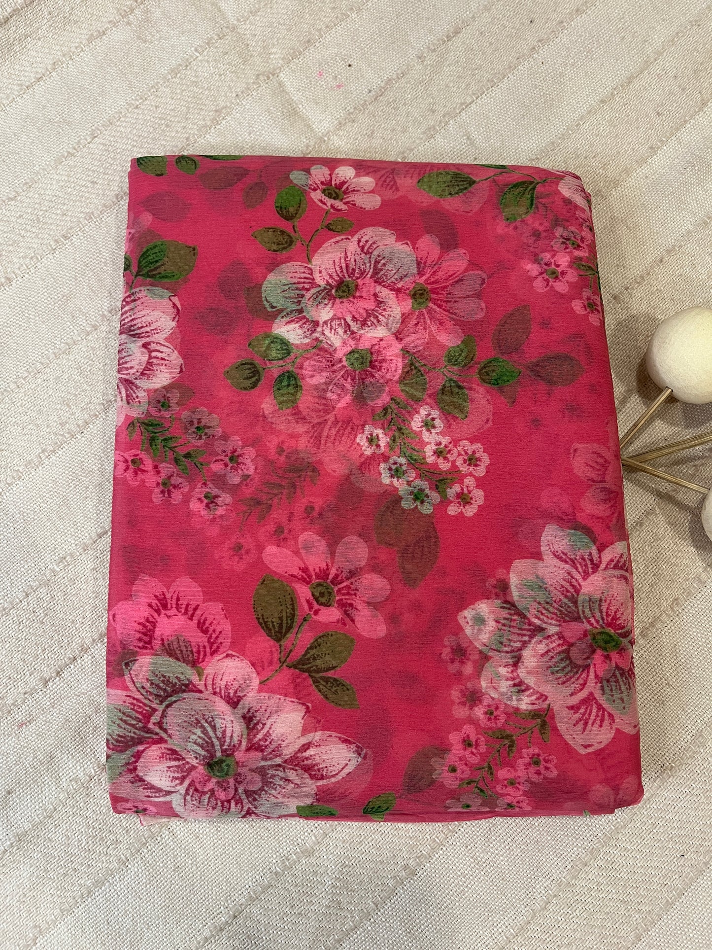 Semi Chiffon Floral Saree - Pink