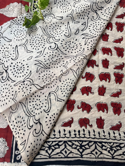 Quirky Elephant Handblock Mul Cotton Saree - Beige-Red