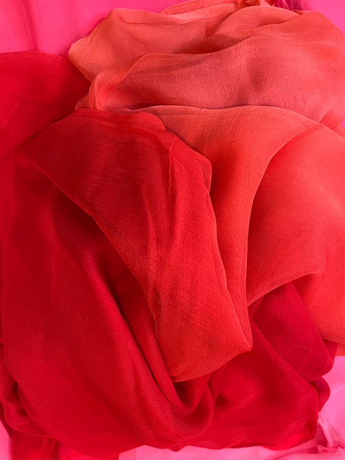 Pure Plain Ombre Chiffon Saree - Red-Peach