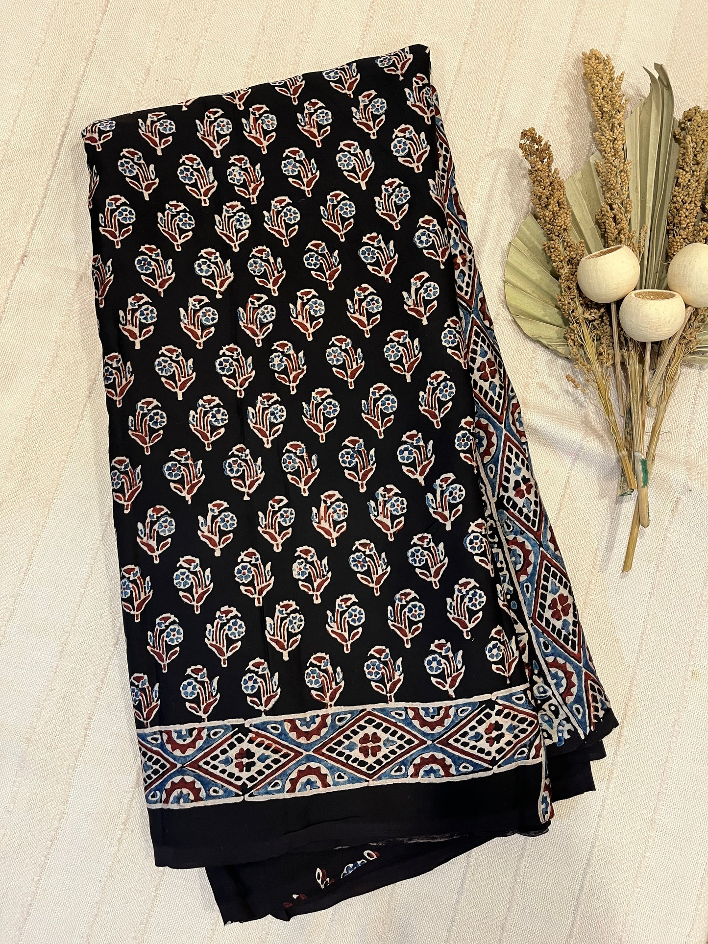 Ajrakh Modal Silk Saree - Black Flower Buttis
