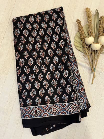 Ajrakh Modal Silk Saree - Black Flower Buttis